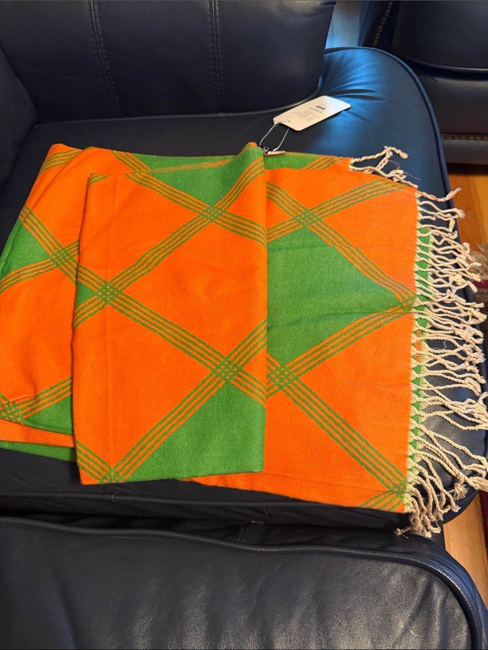 Vibrant Orange & Green Plaid Fringe Scarf
